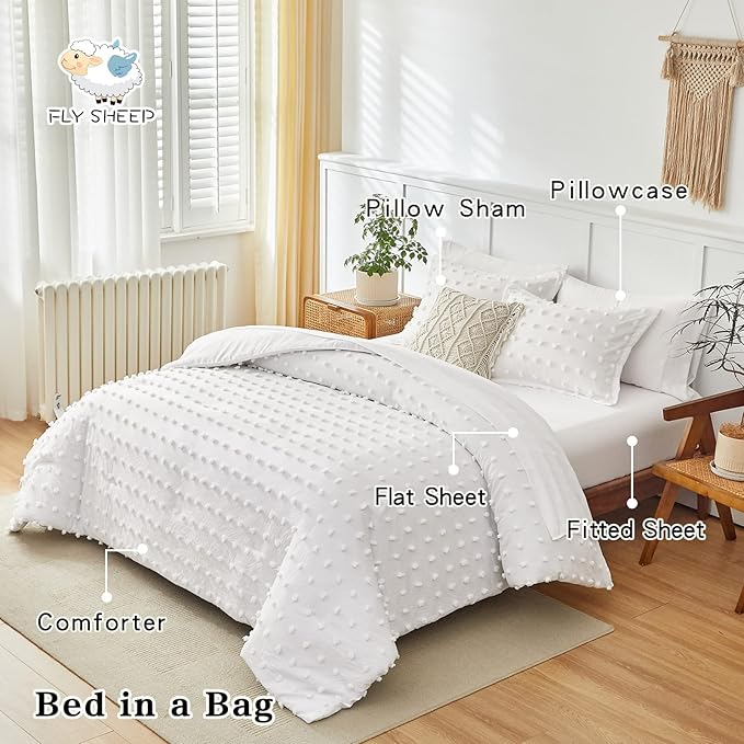 6 Pieces Tufted Dots Bed in a Bag Twin Comforter Set with Sheets White , Soft and Embroidery Shabby Chic Boho Bohemian Comforters, Solid Color with Pom Pom Design, Jacquard Tufts Bedding Set for Kids