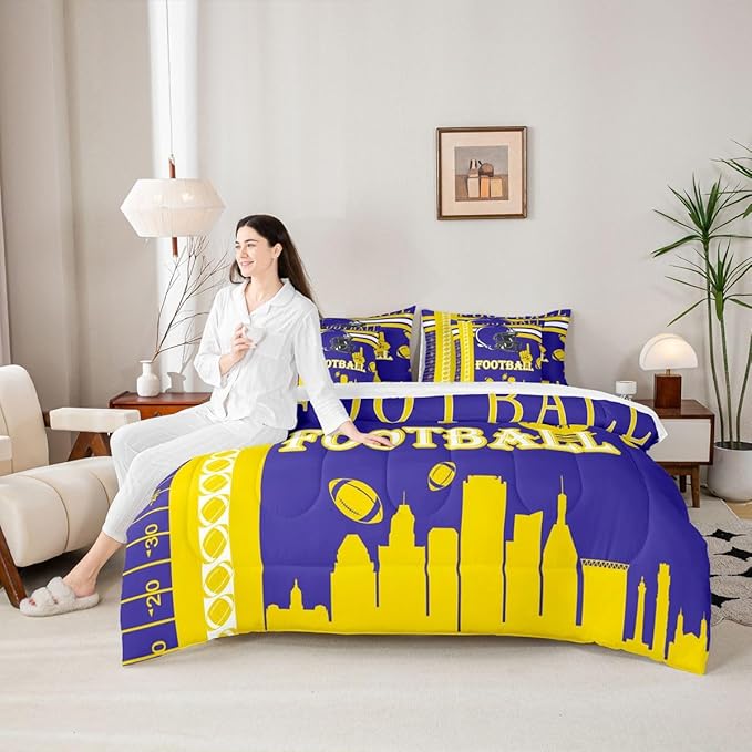 Feelyou Football 7 Pieces Comforter Sets Rugby Sports Bedding Set Queen Size Sports Theme Bed in a Bag with Comforter, Sheets, Pillowcases & Cushion Cover