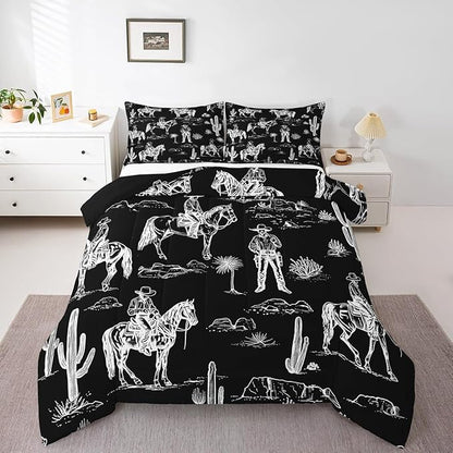Feelyou Black Western Bedding Set Queen Size Horse Cowboy Comforter Set for Kids Boys Girls Decor Rustic Decor Wild Western Cowboy Comforter Tribal Duvet Quilt