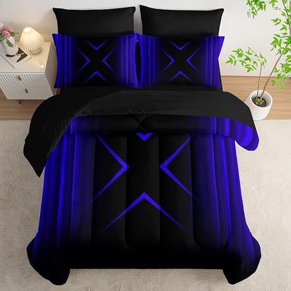 Blue and Black Geometric Comforter Set Full Size 7Pieces,3D Abstract Mordern Printed Bedding Set for Adults,Geometric Mordern Decor All Seasons with Pillowcases,Flat, Fitted Sheet