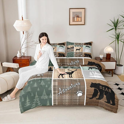 Retro Cabin Comforter Set 3Pcs, Pine Tree Buffalo Plaid Quilt Bear Deer Elk Bedding, Forest Wildlife Woodland Animals Duvet Insert Hunting Lodge Country Rustic Farmhouse Bedroom Decor, Full Size