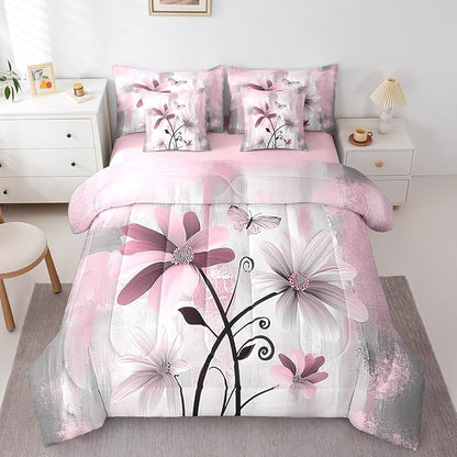 Feelyou Girls Daisy Flower Comforter Set with Sheets King Size 7 Pieces Kids Vintage Floral Butterfly Bedding Set for Boys Women Teens Pink White Grey Simple Modern Abstract Art Bed in a Bag