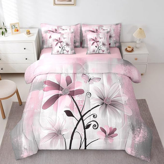 Feelyou Girls Daisy Flower Comforter Set with Sheets King Size 7 Pieces Kids Vintage Floral Butterfly Bedding Set for Boys Women Teens Pink White Grey Simple Modern Abstract Art Bed in a Bag