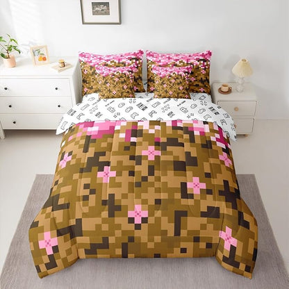 Castle Fairy Miner Theme Games 7 Piece Comforter & Sheet Sets King Size,Pixel Pink Brown Bedding Set Building Gamers Bed in a Bag Block Patchwork Flat & Fitted Sheets,4 Pillow Covers