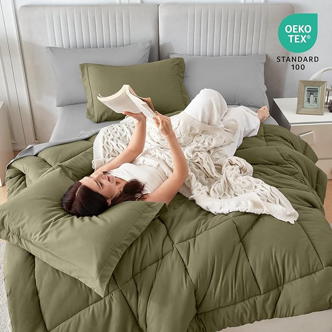 Sasttie Twin Comforter Set, 5 Pieces Reversible Bed in a Bag Twin, Complete Bedding Set Includes Comforter, Flat Sheet, Fitted Sheet, Pillowcase and Pillow Sham, Olive & Light Grey