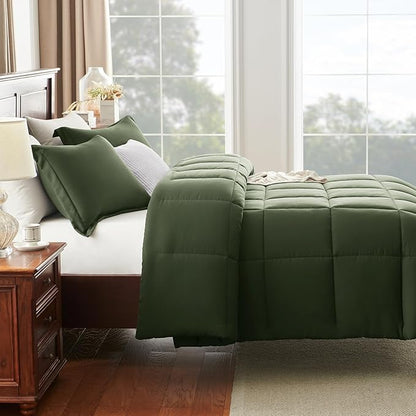 CozyLux Queen Size Comforter Set - Olive Green Comforter Queen Size, 3 Pieces Box Stitched Bed Set for All Seasons, Soft Lightweight Bedding Sets with 1 Down Alternative Comforter and 2 Pillow Shams