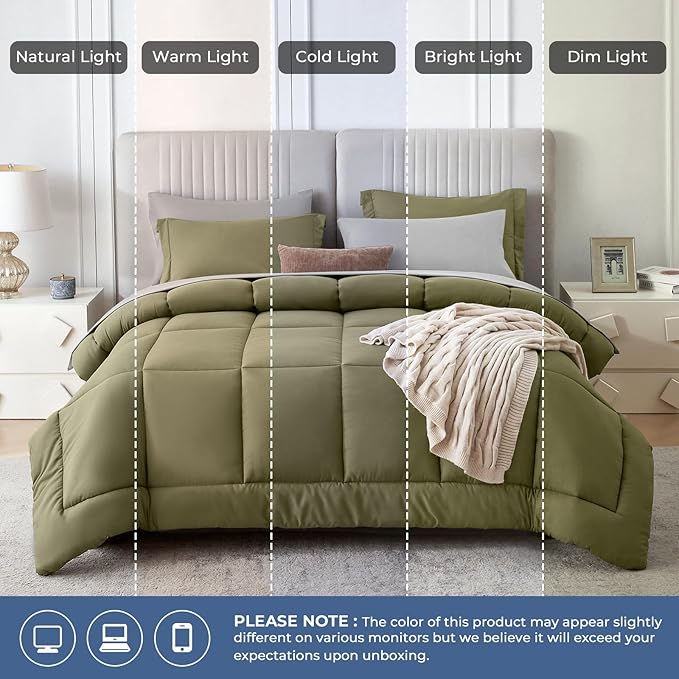 Sasttie Twin Comforter Set, 5 Pieces Reversible Bed in a Bag Twin, Complete Bedding Set Includes Comforter, Flat Sheet, Fitted Sheet, Pillowcase and Pillow Sham, Olive & Light Grey