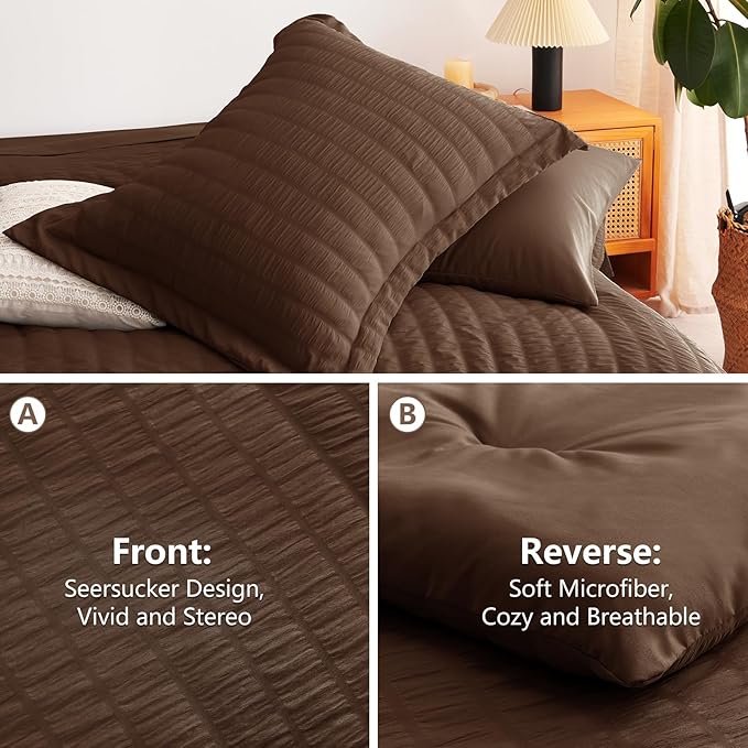 CozyLux King Size Comforter Set Brown Seersucker 7 Pieces Bed in a Bag King Comforter Set with Sheets, Luxury Soft Bedding Set with Down Alternative Comforter, Sheets, Pillowcases & Shams All Seasons