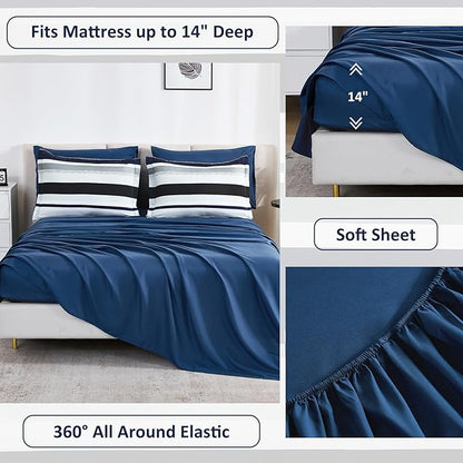 WONGS BEDDING Comforter California King Size, Navy Blue Striped Cal King Comforter Set, 7 Pieces Bed in a Bag Soft Bedding Set with Comforter, Flat Sheet, Fitted Sheet, Pillow Shams, Pillowcase