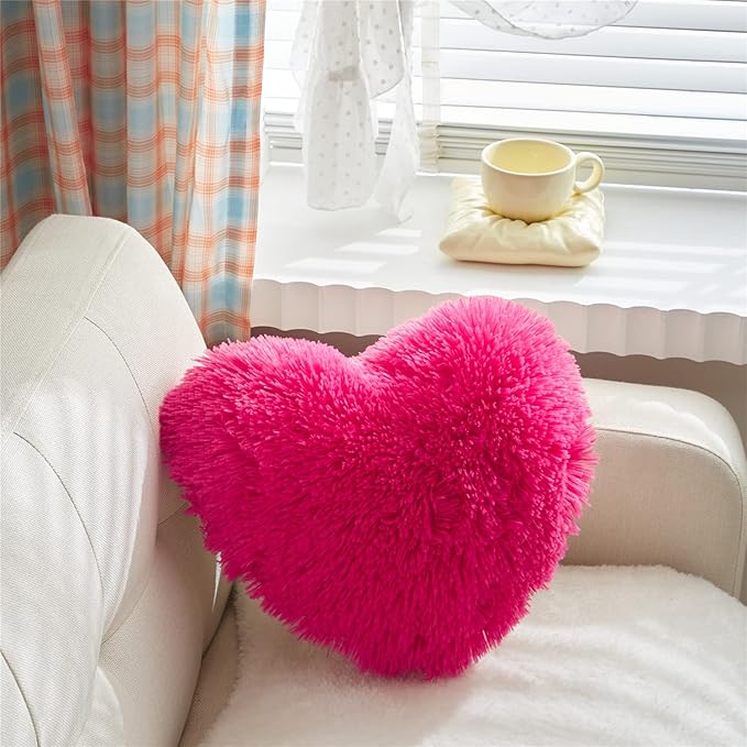 MOOWOO Fluffy Faux Fur Heart Throw Pillow for Valentine's,Mothers Day,Sherpa Plush Fluffy, Solid Color, Heart Shape Pillow for Girls,Hot Pink Love Throw Pillow (Rose Red)