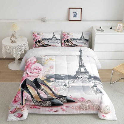High-Heeled Shoes Princess Kids Comforter Set King Size,Roses Flowers Paris Eiffel Tower Bedding Set,Women Girls Room Decor,Glitter Diamond Romantic Down Comforter,Pink Duvet Insert,2 Pillowcases