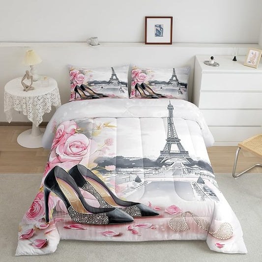 High-Heeled Shoes Princess Kids Comforter Set King Size,Roses Flowers Paris Eiffel Tower Bedding Set,Women Girls Room Decor,Glitter Diamond Romantic Down Comforter,Pink Duvet Insert,2 Pillowcases