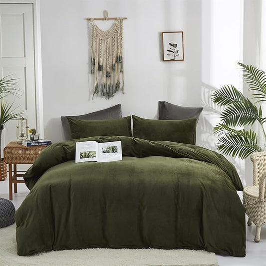 karever KAREVER Dark Green Velvet Comforter Set King Army Flannel Bedding All Deep 3 PCs Shaggy Soft Warm and Durable Blanket Women