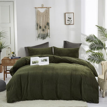 KAREVER Dark Green Velvet Comforter Set Full - Army Green Flannel Bedding Set, 3 PCs Shaggy Soft Warm and Durable Blanket for Women