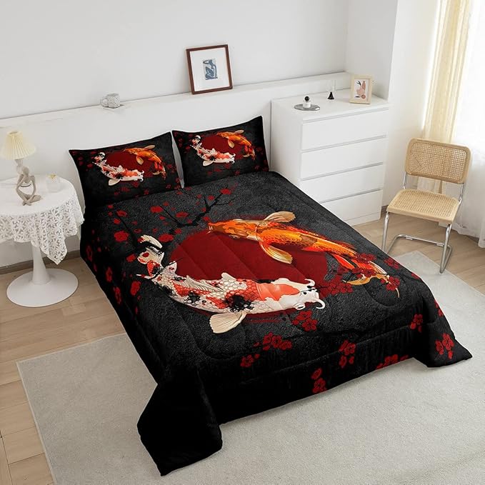 Koi Fish Kids Comforter Set Full Size,Marine Animals Cherry Blossom Branch Romantic Bedding Set,Girls Boys Adults Xmas Decor,Japanese Ukiyo-e Down Comforter,Red Black Duvet Insert,2 Pillowcases
