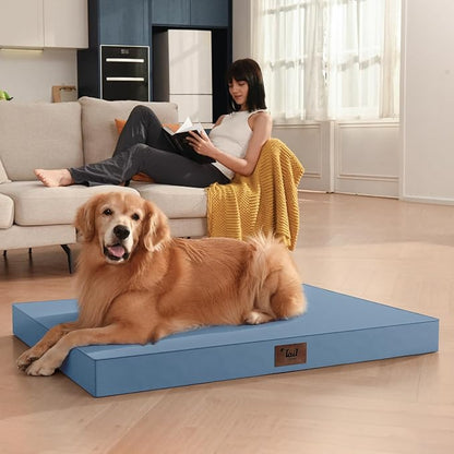 Outdoor Dog Bed for Small Dogs & Cats, Waterproof Dog Crate Mat Orthopedic Egg Crate Foam with Washable Removable Oxford Cover, Blue
