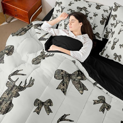 Erosebridal Camouflage Comforter Set Deer Bow Bed in A Bag Queen Size 7 Pieces Hunting Ribbon Army Bowknot Camo Rustic Bed Set Brown Beige Bedding