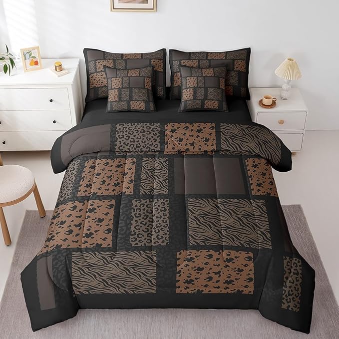 Wildlife Fur Splicing Print Bedding Set 7 Pieces King,Leopard Cheetah Zebra Cattle Comforter Sets for Girl Boy Bedroom,Animals Skin 7pcs Bed in a Bag with Comforter,Sheets and Pillow Cases