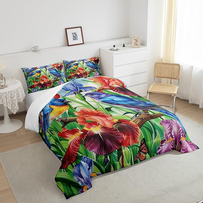 Erosebridal Floral Hummingbird Comforter Set King,Rustic Farmhouse Flowers Bedding Set Retro Watercolor Colorful Irises Bed Comforter Set for Kids Adults,Country Garden Style Quilt Duvet