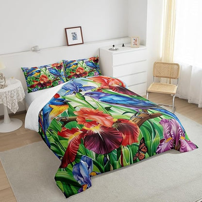 Erosebridal Floral Hummingbird Comforter Set Full,Rustic Farmhouse Flowers Bedding Set Retro Watercolor Colorful Irises Bed Comforter Set for Kids Adults,Country Garden Style Quilt Duvet