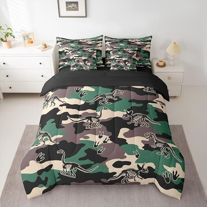 Erosebridal Army Camouflage 7 Piece Bedding Set King Camo Dino Comforter Set with Sheets 3D Vintage Hunting Theme Bed in a Bag Dinosaur Skeleton Farmhouse Green Bed Sets Comforter