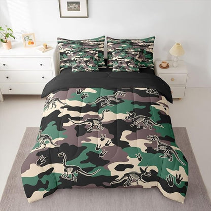 Erosebridal Army Camouflage 7 Piece Bedding Set Twin Camo Dino Comforter Set with Sheets 3D Vintage Hunting Theme Bed in a Bag Dinosaur Skeleton Farmhouse Green Bed Sets Comforter