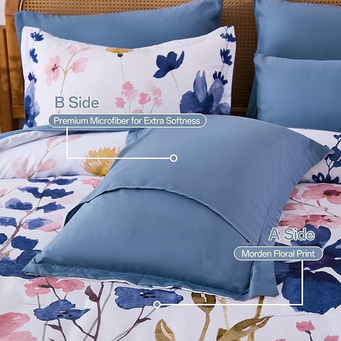 Anibedding Blue Floral Comforter Set King Size, 8 Piece Botanical Flower Bed in a Bag, Reversible Design Comforter, Soft Microfiber Complete Bedding Sets for All Season (Blue,90"x104")