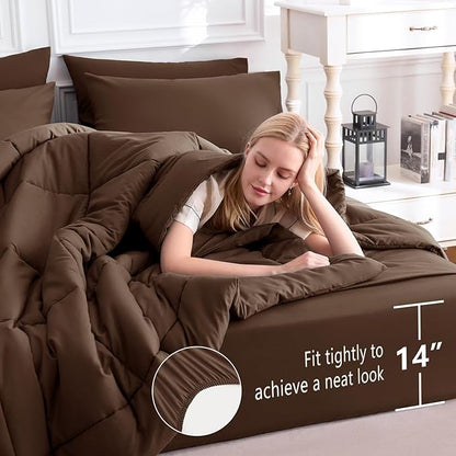 CozyLux Queen Comforter Set Brown, 7 Pieces Bed in a Bag, Brown Comforter Queen Size, All Season Bedding Sets with Stitch Quilted Comforter, Flat Sheet, Fitted Sheet, Pillowcases