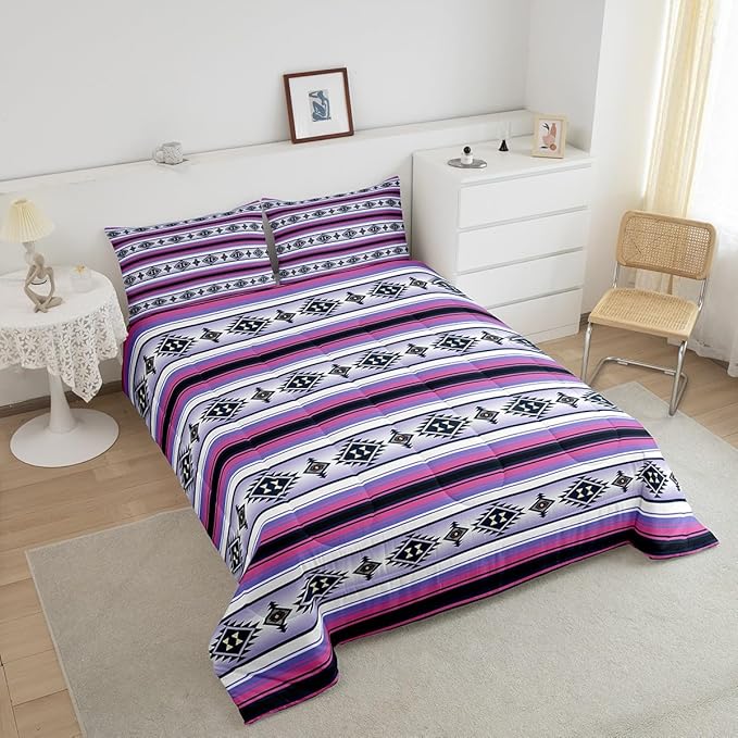 Erosebridal Bohemian Bedding Set Boho Stripes Aztec Comforter Set Toddler Southwestern Mexican Tribal Exotic Bed Comforter Set for Kids Girls Teen Women,Ethnic Geometric Pattern Quilt Duvet