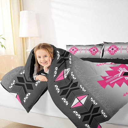 Erosebridal Rustic Western Queen Comforter Set, Southwestern Aztec Bedding Set for Boys Teens Men Bedroom, Exotic American Native Bedding Comforter Sets Vintage Bohemian Geometric Quilt, Pink Grey