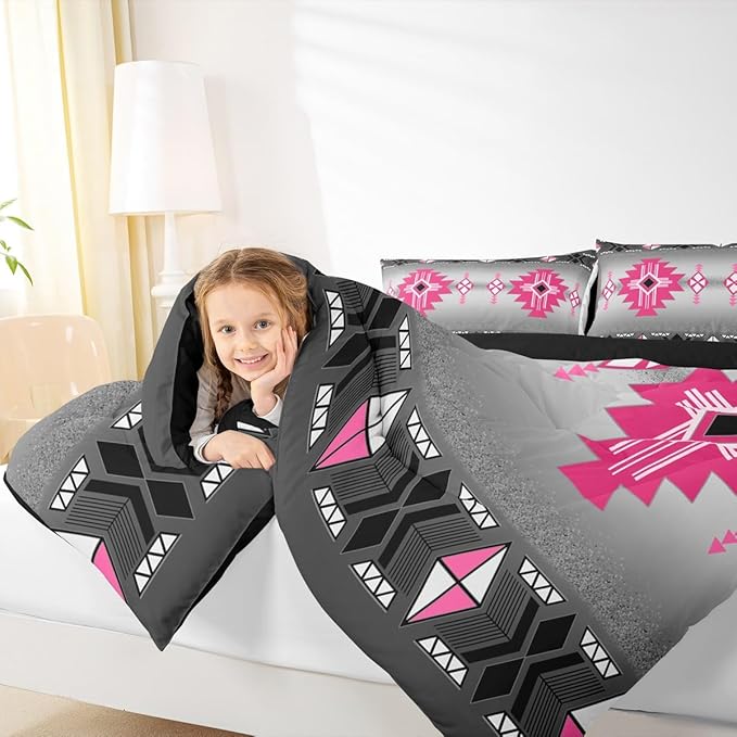 Erosebridal Rustic Western Twin Comforter Set, Southwestern Aztec Bedding Set for Boys Teens Men Bedroom, Exotic American Native Bedding Comforter Sets Vintage Bohemian Geometric Quilt, Pink Grey