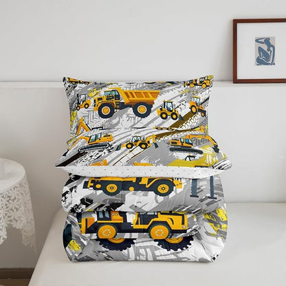 Boys Construction Comforter Set Truck Bedroom Decor for Kids Girls Under Construction Vehicles Down Comforter Nursery Children Cartoon Machinery Truck Excavator Bedding Tractor Cars Duvet Quilt,Full