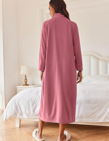 Ekouaer Women Zipper Robe Long Sleeves House Coat Soft Bathrobe Sleepwear with Pockets Housecoat Loungewear