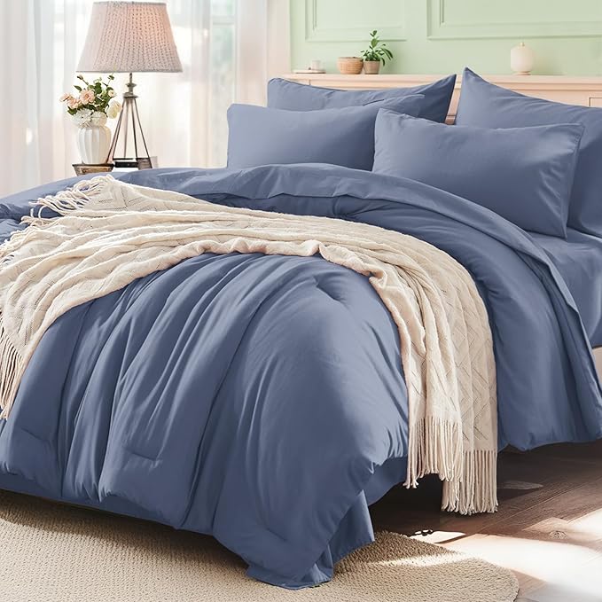 Anluoer Grayish Blue King Comforter Set 7 Pieces, Bed in a Bag with Sheets, All Season Bedding Sets with 1 Comforter, 2 Pillow Shams, 2 Pillowcases, 1 Flat Sheet, 1 Fitted Sheet