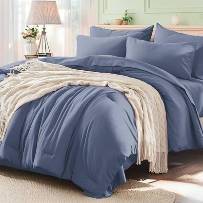 Anluoer Grayish Blue King Comforter Set 7 Pieces, Bed in a Bag with Sheets, All Season Bedding Sets with 1 Comforter, 2 Pillow Shams, 2 Pillowcases, 1 Flat Sheet, 1 Fitted Sheet