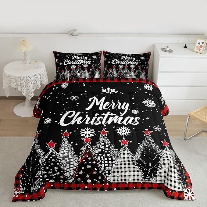 Christmas Tree Bedding Sets Full Size,Red Black Checkered Comforter Set 3Pcs for Kids Girls Boys Women Room Decor,Winter Snoweflake Quilted Duvet Retro Xmas Pine Down Comforter,2 Pillowcases