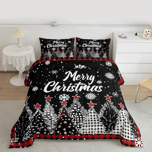 Christmas Tree Bedding Sets Full Size,Red Black Checkered Comforter Set 3Pcs for Kids Girls Boys Women Room Decor,Winter Snoweflake Quilted Duvet Retro Xmas Pine Down Comforter,2 Pillowcases