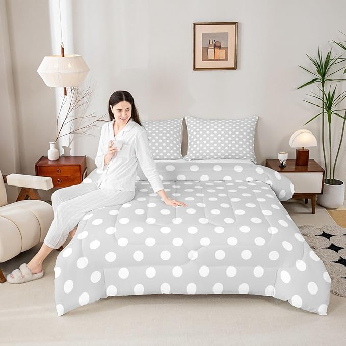 Manfei Polka Dots Young Comforter Set,French Style Cartoon Dots Gray White Bedding Set All Season,Modern Geometric Circles Abstract Simple Art Comforter 3 Pcs with 2 Pillowcases,Full Size
