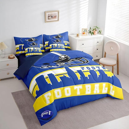 Erosebridal Football City 7 Pcs Comforter Set King Football Bedding for Boys Girls Blue Rugby Game Sheet Set Bed in A Bag Football Fans Bedroom Decor Sports Ball Team Bed Set