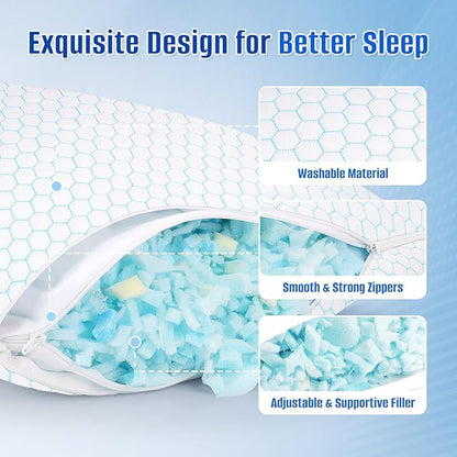 Shredded Memory Foam Pillow for Sleeping, Cooling Bed Pillows Set of 2, Adjustable Pillows for Side, Back, Stomach Sleepers with Washable Pillowcase (Queen Size, Blue)
