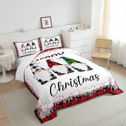 Merry Christmas Comforter Set King Size,Cartoon Santa Claus Bedding Set 3Pcs for Kids Boys Girls Room Decor,Red Black Checkered Snowflake Quilt Set Geometric Xmas Duvet Insert,2 Pillowcases