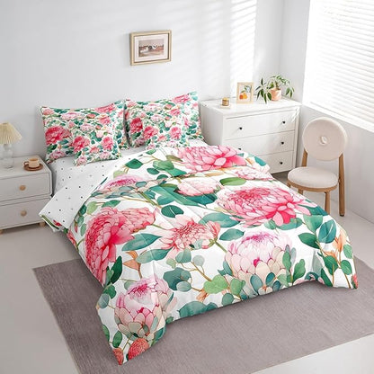 Feelyou Flower Comforter Set King Size 7 Pieces Palm Leaf Bedding Set for All Season Floral Blossom Tropical Botanical Nature Decor Bed in a Bag with Comforter, Sheets, Pillowcases & Cushion Cover