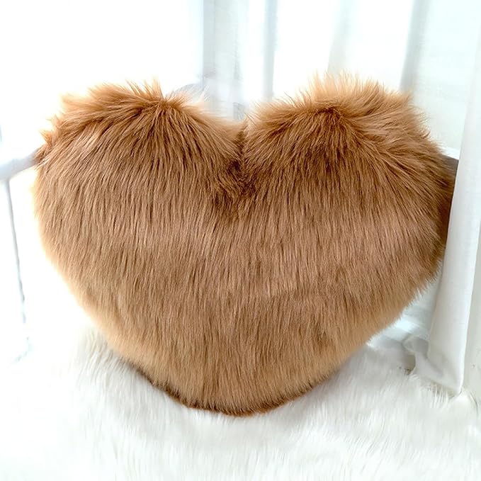 HANDKEI Love Pillow, Heart-Shaped Long Plush, Pink Imitation Wool, Living Room Sofa, Cute Cushion, Bedside Cushion (Coffee Color, 13.77 inch X 17.71 inch)