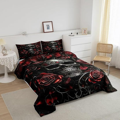 Erosebridal Adults Gothic Comforter Set Bohemian Boho Goth Queen Bedding Sets Vintage Horror Skull Bed Sets Red Rose Baroque Victorian Romantic Rose Duvet Insert,Halloween Gothic Bedroom Decor