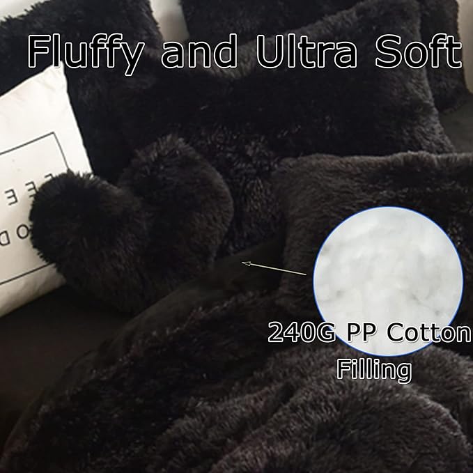MorroMorn Fluffy Heart Throw Pillows, Shaggy Decorative Pillow for Sofa Couch Bed, Cute Room Decor Decorations for Women Girls Kids (Black)