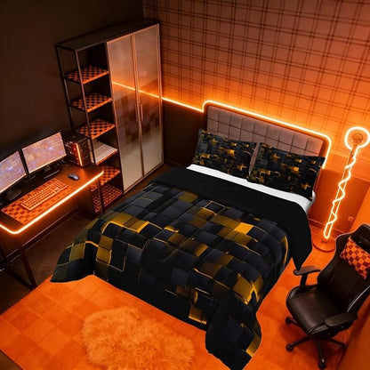 Erosebridal Black and Orange Comforter Set Full Neon Geometric Checkered Bedding Set for Kids Boys Adults Men,Stereoscopic Grid Plaid Comforter Glowing Square Bed Duvet Set 3 Pcs