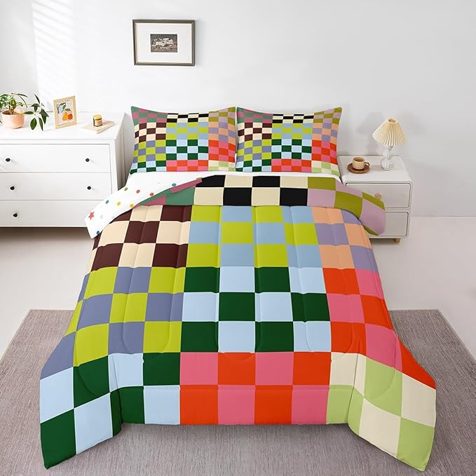 Feelyou Multicolored Checkered Retro Bedding Set Kids Boys Girls Geometric Vintage Comforter Set Queen Size Green Red Yellow Colorful Duvet Insert Modern Simple Groovy Aesthetic Room Decor