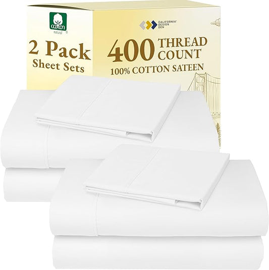 California Design Den 2-Pack Twin XL Sheet Sets 100% Cotton Sateen - 400 Thread Count - Soft and Breathable Sheets, 2 Sets of Deep Pocket Bed Sheets - Antique White