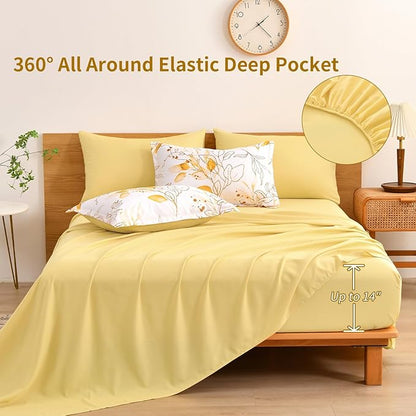 WONGS BEDDING Yellow Comforter Set King, 7 Pieces Botanical Bed in a Bag Comforter Gloden Leaves Bedding Set Soft Microfiber King(1 Comforter,2 Pillowcase,2 Pillow Shams,1 Flat Sheet,1 Fitted Sheet)