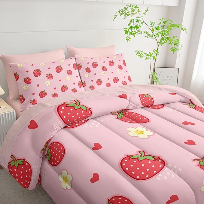 Cute Strawberry Queen Comforter Set,Light Cute Pink Strawberry Bedding Set 7 Piece in A Bag,Bed Sheet Set Cute Strawberries and Flowers Decor,Microfiber Lightweight All Season